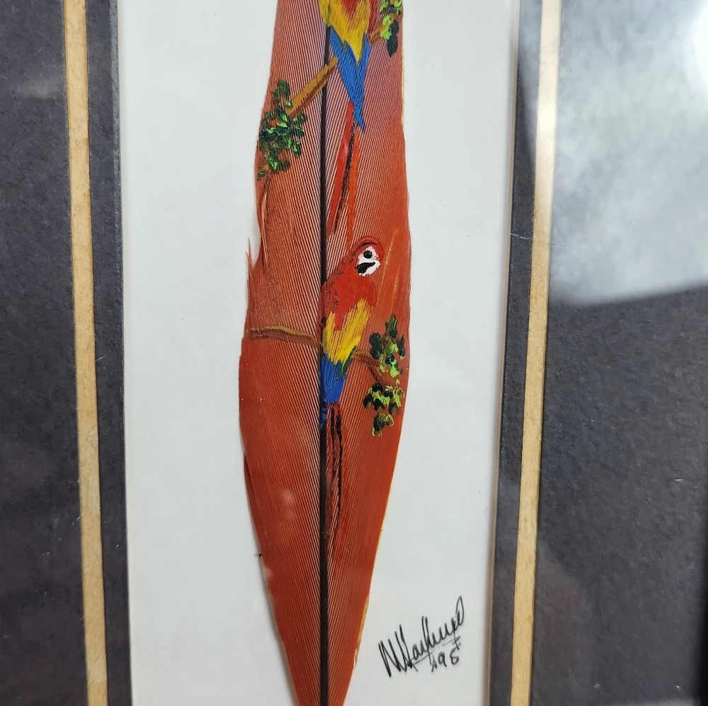 Costa Rica Hand Painted Feather Art Green PARROT Bird Lover Matted Framed 9x5 - Picture 6 of 6